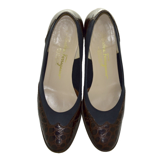 B5 Vntg SALVATORE FERRAGAMO Brown Croc Embossed Leather Block Heel Pumps Sz 7.5 - Picture 1 of 6